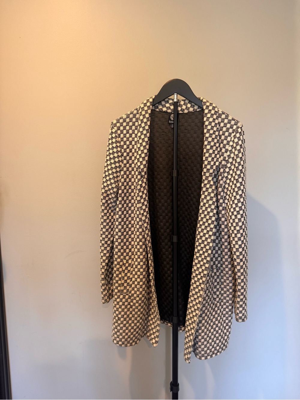 bobeau Open-Front Checker Knit Blazer in Black & Cream
